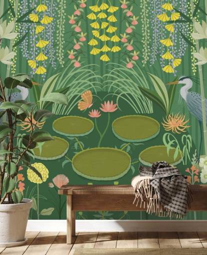 mural de papel pintado personalizable de estanque de grullas verdes llamado Jardin d'Eau de Kate Merritt