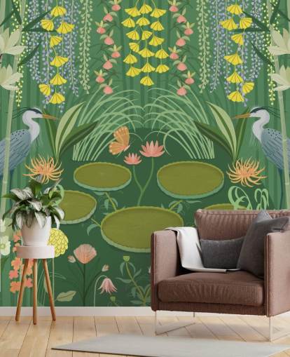 carta da parati murale personalizzabile con laghetto con gru verde chiamato Jardin d'Eau di Kate Merritt