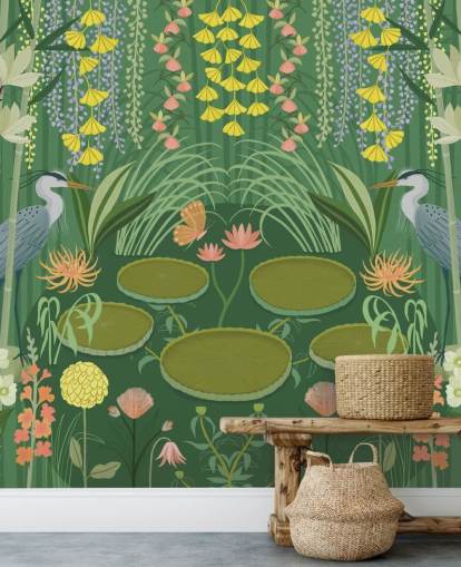 customisable green crane pond wallpaper mural called Jardin D'eau by Kate Merritt