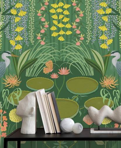 mural de papel pintado personalizable de estanque de grullas verdes llamado Jardin d'Eau de Kate Merritt