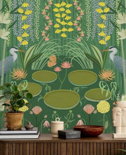carta da parati murale personalizzabile con laghetto con gru verde chiamato Jardin d'Eau di Kate Merritt