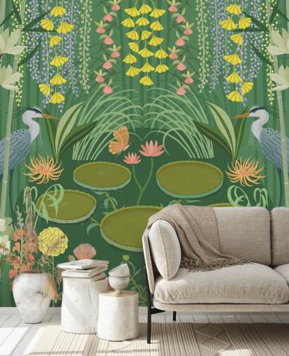 personalisierbares Wandbild mit grünem Kranichteich namens Jardin d'Eau von Kate Merritt