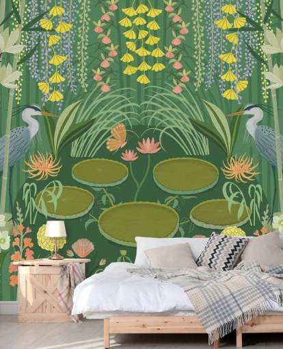 customisable green crane pond wallpaper mural called Jardin D’eau by Kate Merritt