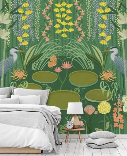 mural de papel pintado personalizable de estanque de grullas verdes llamado Jardin d'Eau de Kate Merritt mural de papel pintado personalizable de estanque de grullas verdes llamado Jardin d'Eau de Kate Merritt