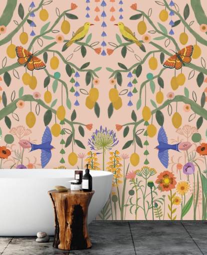 mural de papel pintado de jardín en colores pastel personalizable llamado Lemon Trees de Kate Merritt mural de papel pintado de jardín en colores pastel personalizable llamado Lemon Trees de Kate Merritt