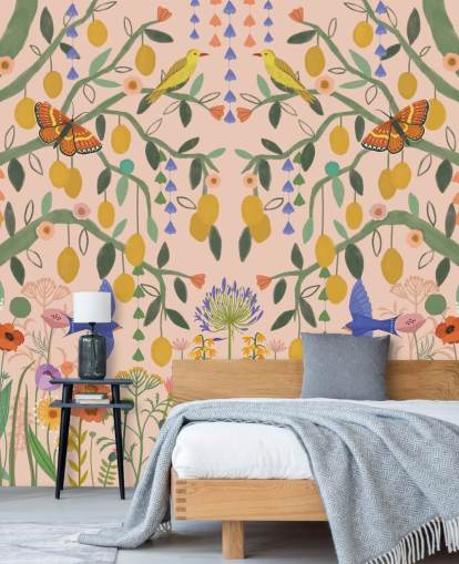 customisable pastel garden wallpaper mural called Lemon Trees by Kate Merritt