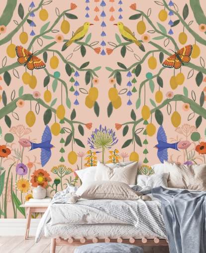 aanpasbare pastelkleurige tuinbehangmuurschildering genaamd Lemon Trees van Kate Merritt