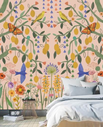 mural de papel de parede de jardim em tons pastel personalizável chamado Lemon Trees de Kate Merritt