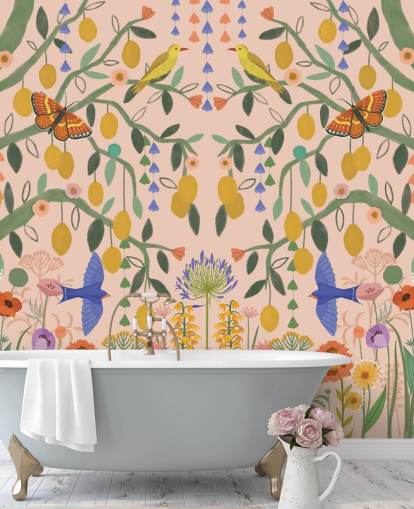 mural de papel pintado de jardín en colores pastel personalizable llamado Lemon Trees de Kate Merritt