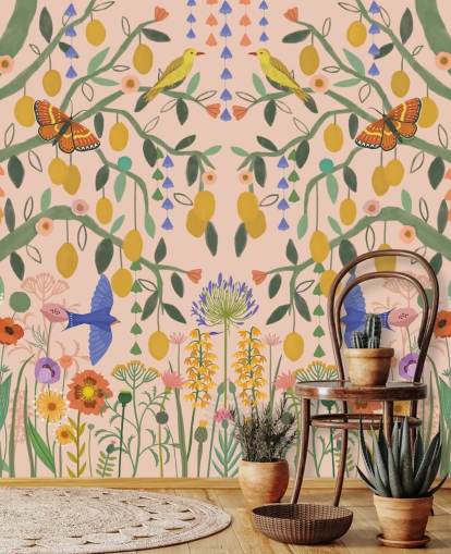 customizable pastel garden wallpaper mural called Lemon Trees by Kate Merritt customizable pastel garden wallpaper mural called Lemon Trees by Kate Merritt