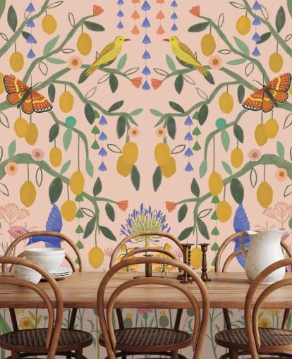 customisable pastel garden wallpaper mural called Lemon Trees by Kate Merritt