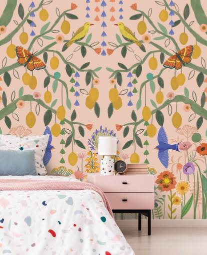 aanpasbare pastelkleurige tuinbehangmuurschildering genaamd Lemon Trees van Kate Merritt aanpasbare pastelkleurige tuinbehangmuurschildering genaamd Lemon Trees van Kate Merritt