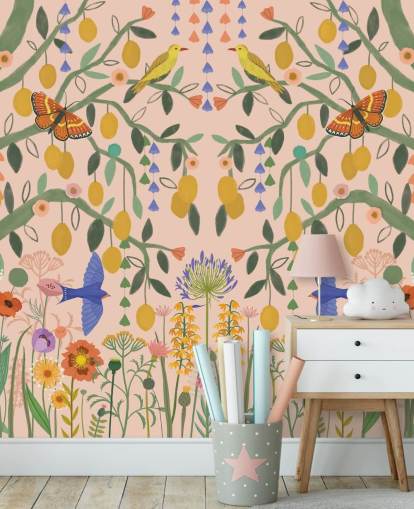 mural de papel de parede de jardim em tons pastel personalizável chamado Lemon Trees de Kate Merritt