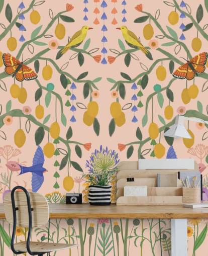 mural de papel de parede de jardim em tons pastel personalizável chamado Lemon Trees de Kate Merritt