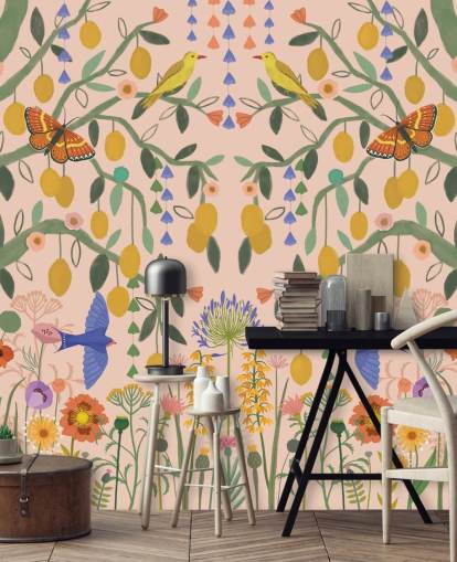 customisable pastel garden wallpaper mural called Lemon Trees by Kate Merritt
