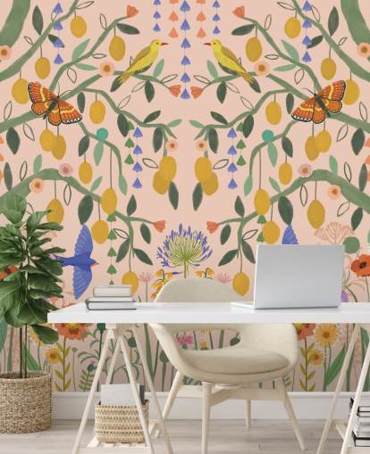 customisable pastel garden wallpaper mural called Lemon Trees by Kate Merritt