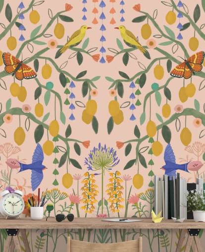 Personalisierbare pastellfarbene Gartentapete namens Lemon Trees von Kate Merritt