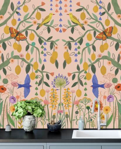 papier peint mural de jardin pastel personnalisable appelé Lemon Trees par Kate Merritt
