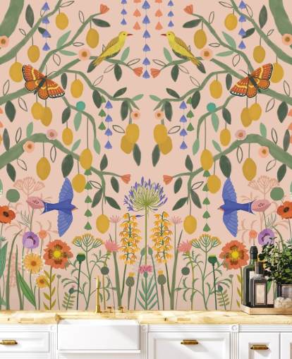 tilpassbart pastellhagetapet veggmaleri kalt Lemon Trees av Kate Merritt
