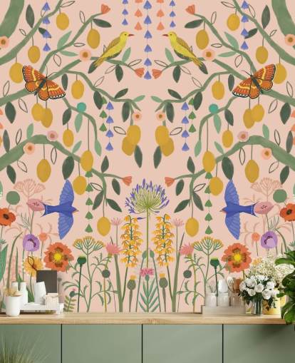 anpassningsbar pastellträdgård tapetväggmålning som heter Lemon Trees av Kate Merritt