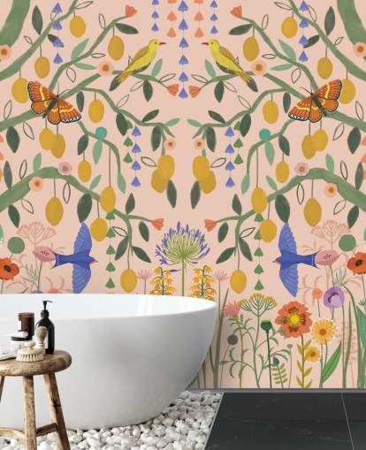 papier peint mural de jardin pastel personnalisable appelé Lemon Trees par Kate Merritt