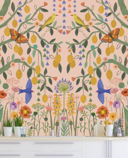 mural de papel pintado de jardín en colores pastel personalizable llamado Lemon Trees de Kate Merritt