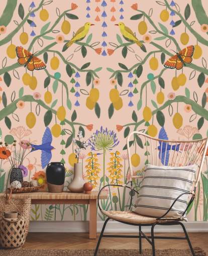 papier peint mural de jardin pastel personnalisable appelé Lemon Trees par Kate Merritt