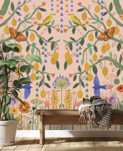 tilpassbart pastellhagetapet veggmaleri kalt Lemon Trees av Kate Merritt tilpassbart pastellhagetapet veggmaleri kalt Lemon Trees av Kate Merritt