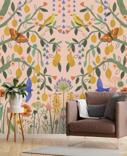 customizable pastel garden wallpaper mural called Lemon Trees by Kate Merritt