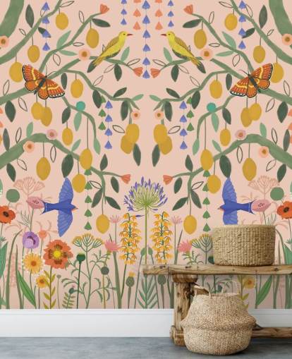 papier peint mural de jardin pastel personnalisable appelé Lemon Trees par Kate Merritt papier peint mural de jardin pastel personnalisable appelé Lemon Trees par Kate Merritt