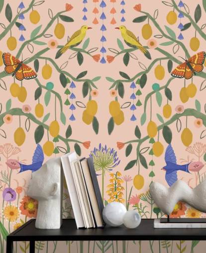 mural de papel pintado de jardín en colores pastel personalizable llamado Lemon Trees de Kate Merritt mural de papel pintado de jardín en colores pastel personalizable llamado Lemon Trees de Kate Merritt
