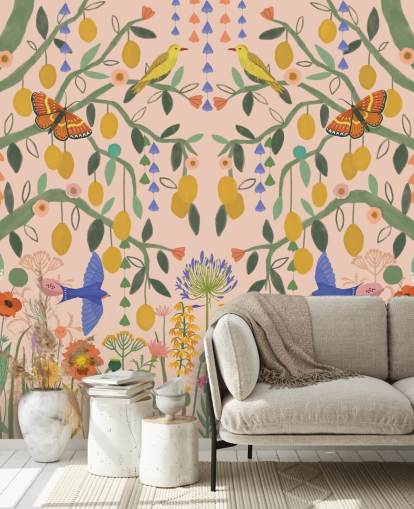 Personalisierbare pastellfarbene Gartentapete namens Lemon Trees von Kate Merritt Personalisierbare pastellfarbene Gartentapete namens Lemon Trees von Kate Merritt