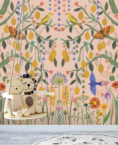 customisable pastel garden wallpaper mural called Lemon Trees by Kate Merritt