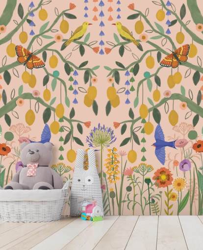 mural de papel pintado de jardín en colores pastel personalizable llamado Lemon Trees de Kate Merritt