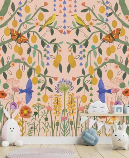 mural de papel pintado de jardín en colores pastel personalizable llamado Lemon Trees de Kate Merritt
