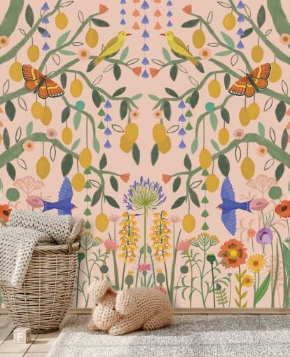 mural de papel pintado de jardín en colores pastel personalizable llamado Lemon Trees de Kate Merritt mural de papel pintado de jardín en colores pastel personalizable llamado Lemon Trees de Kate Merritt
