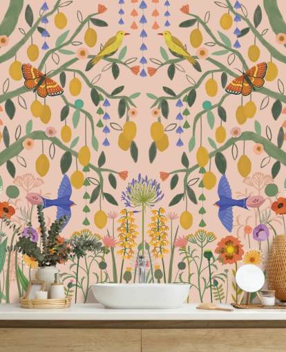 Personalisierbare pastellfarbene Gartentapete namens Lemon Trees von Kate Merritt