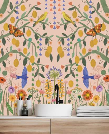 mural de papel pintado de jardín en colores pastel personalizable llamado Lemon Trees de Kate Merritt mural de papel pintado de jardín en colores pastel personalizable llamado Lemon Trees de Kate Merritt