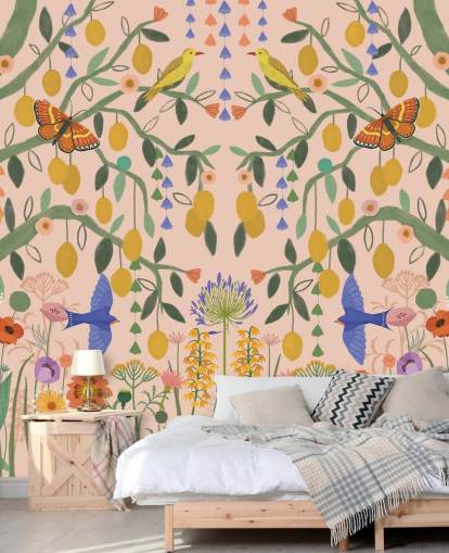 papier peint mural de jardin pastel personnalisable appelé Lemon Trees par Kate Merritt