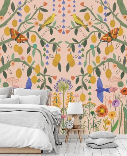 papier peint mural de jardin pastel personnalisable appelé Lemon Trees par Kate Merritt