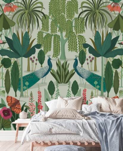 customisable green peacock wallpaper mural called Parc Parisian by Kate Merritt