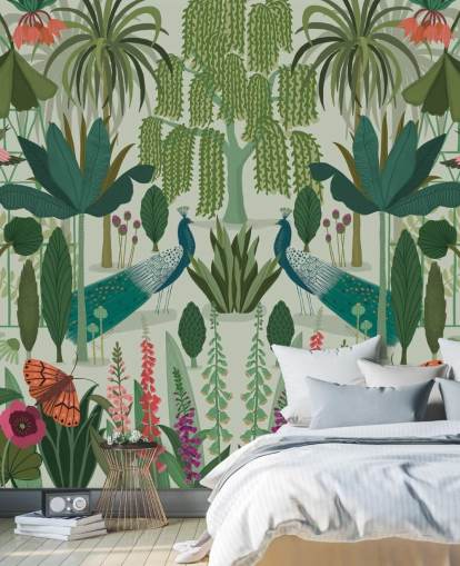 mural de papel de parede de pavão verde personalizável chamado Parc Parisian de Kate Merritt