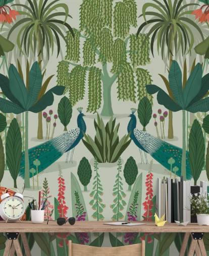 customisable green peacock wallpaper mural called Parc Parisian by Kate Merritt
