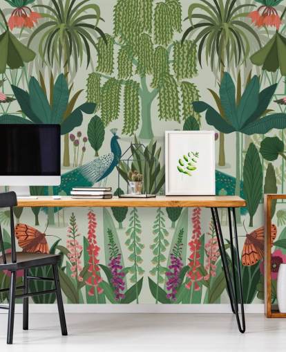 papier peint mural personnalisable en forme de paon vert appelé Parc Parisian par Kate Merritt