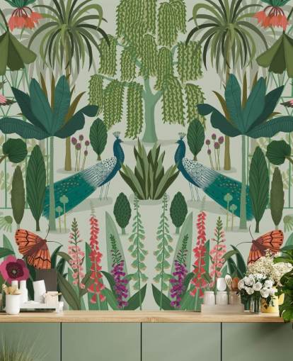 mural de papel de parede de pavão verde personalizável chamado Parc Parisian de Kate Merritt mural de papel de parede de pavão verde personalizável chamado Parc Parisian de Kate Merritt