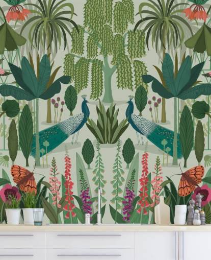 mural de papel pintado de pavo real verde personalizable llamado Parc Parisian de Kate Merritt