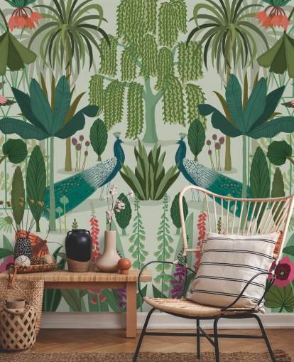 mural de papel de parede de pavão verde personalizável chamado Parc Parisian de Kate Merritt mural de papel de parede de pavão verde personalizável chamado Parc Parisian de Kate Merritt