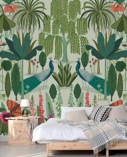 customizable green peacock wallpaper mural called Parc Parisian by Kate Merritt