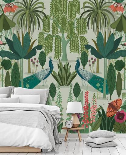 customisable green peacock wallpaper mural called Parc Parisian by Kate Merritt