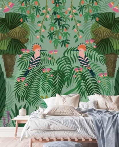 tilpassbart grønt og rosa tropisk tapet veggmaleri kalt Tropical Gardens av Kate Merritt